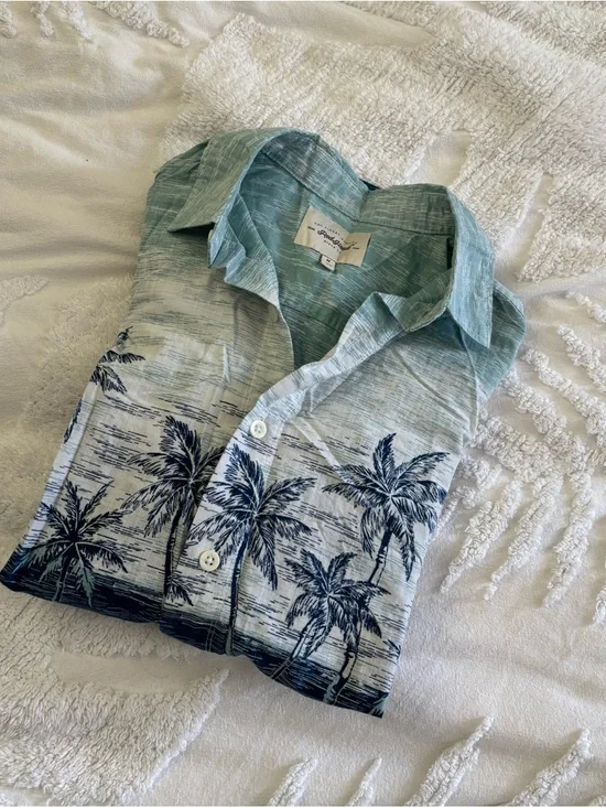 RedHead Men's Short-Sleeve Palm Print Button-Down Shirt - Teal/Blue - Picture 11 of 11